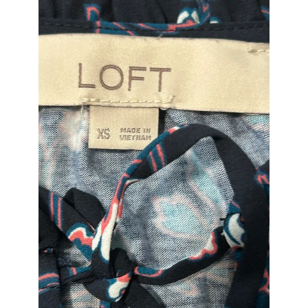 LOFT Navy Blue Floral Ruffle‎ Split Neck Long Sleeve Blouse XS Navy Pink Teal
